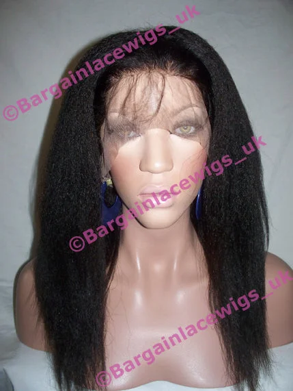 Lace wig with a platinum - blonde color for a bold and trendy lookItalian Yaki Full Lace Wig 14 inches long colour #1b with 4x4 silk base I-SKIY141B