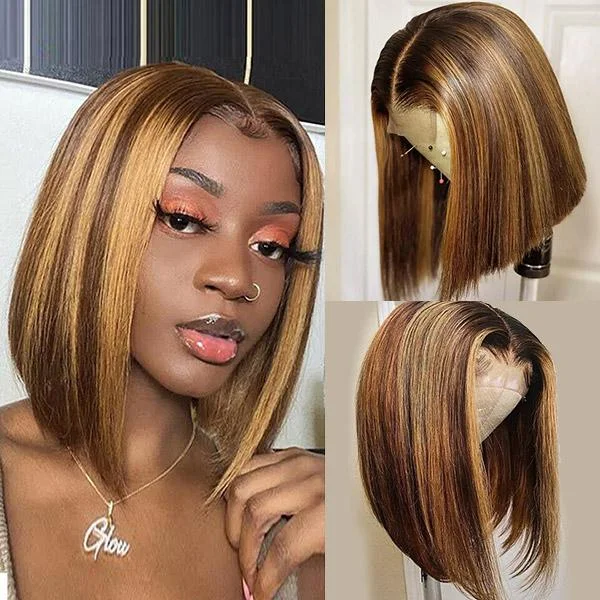 Full - lace wig with a natural - looking hairline for a seamless appearanceBOGO Sunber  Highlight Short Bob Lace Part Human Hair Wigs