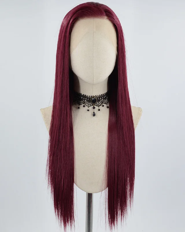 Long - length wig with a middle - part for a classic and elegant style13*4 Wine Red Straight Synthetic Lace Front Wigs WW638