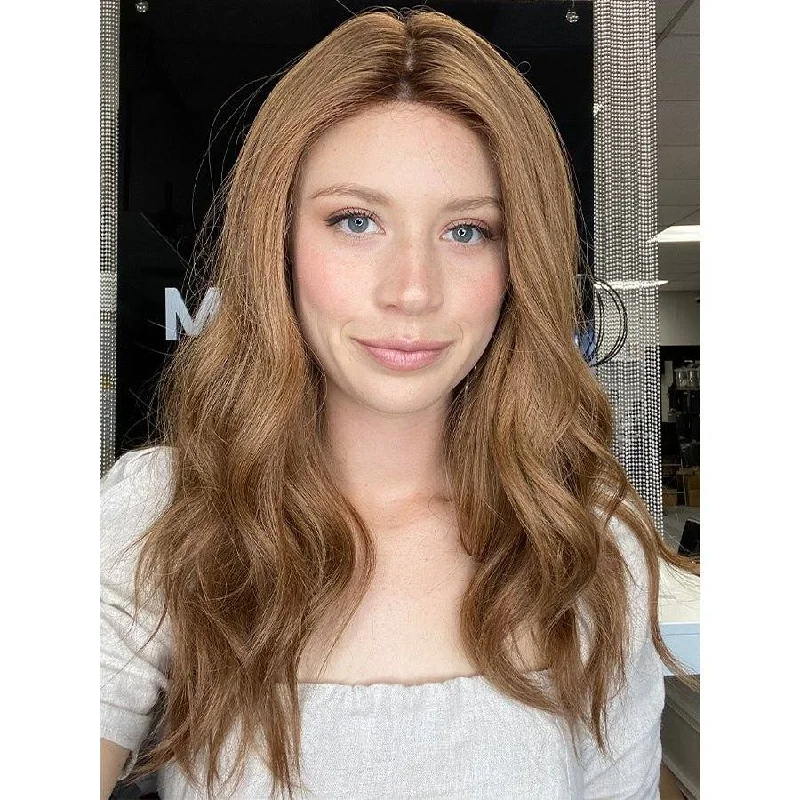 Long - length wig with a natural - looking root for a more realistic look22" Ponytail Silk Part Wig Strawberry Blonde w/ Partial Rooting