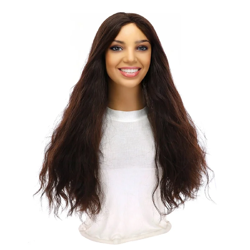 Synthetic long - length wig with a natural - looking texture24" 3/4 Bandfall Wig Dark Brown Wavy