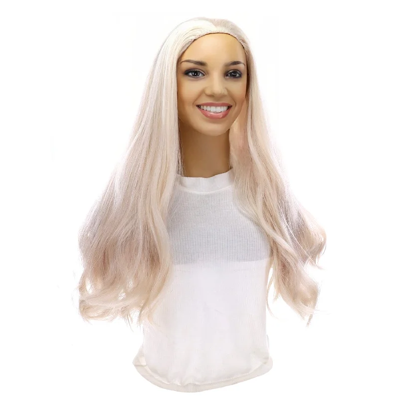 Long - length wig with a honey - blonde color for a warm and sunny appearance24" 3/4 Bandfall Wig Ice Blonde