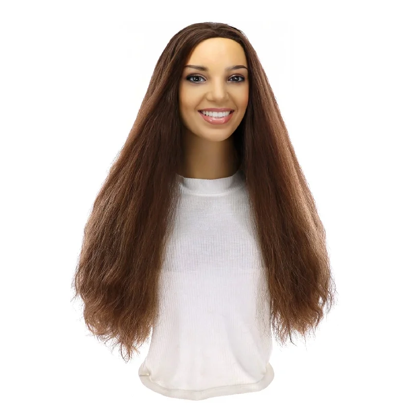 Long - length wig with a silk - base cap for a comfortable and smooth feel24" 3/4 Bandfall Wig Medium Brown Balayage Wavy