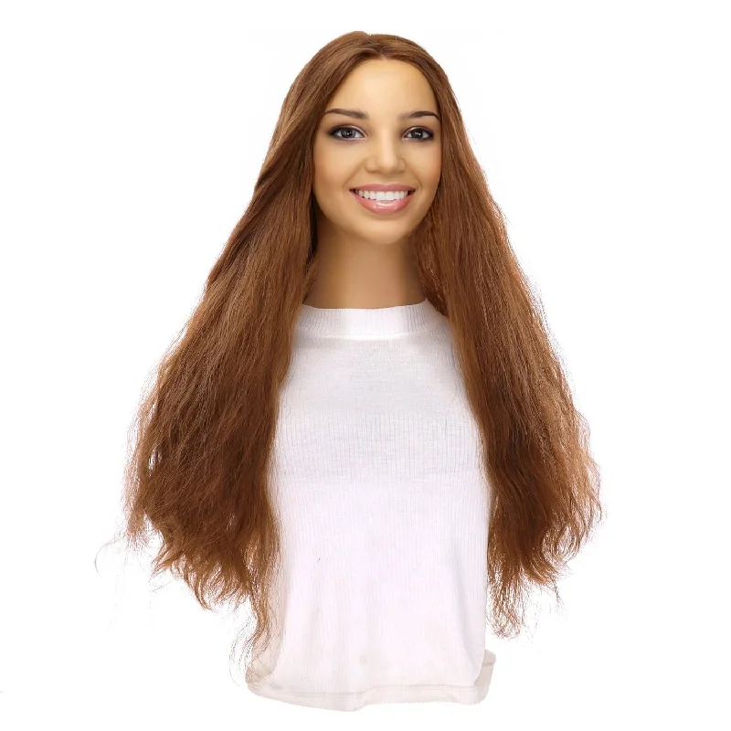 Long - length wig with a side - swept bang for a sophisticated look24" Divine Lace Top Topper Copper Wavy