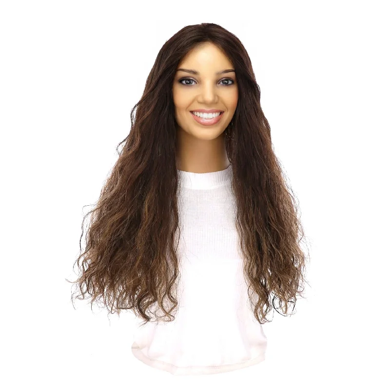 Long - length wig with a wispy fringe for a soft and feminine look24" Divine Lace Top Topper Dark Brown Balayage Wavy