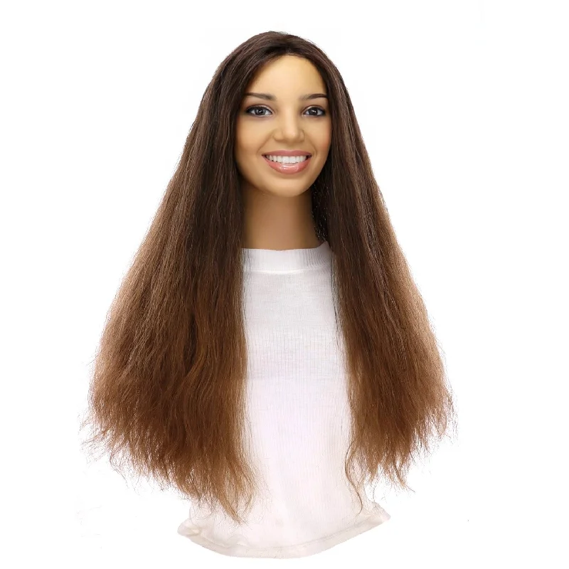 Long - length wig with a side - swept bang for a sophisticated look24" Divine Lace Top Topper Dark Brown Ombre Wavy