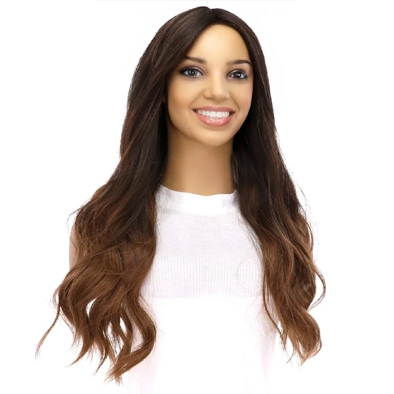 Long - length wig with a curly fringe for a playful and youthful vibe24" Divine Lace Top Topper Dark Brown Ombre