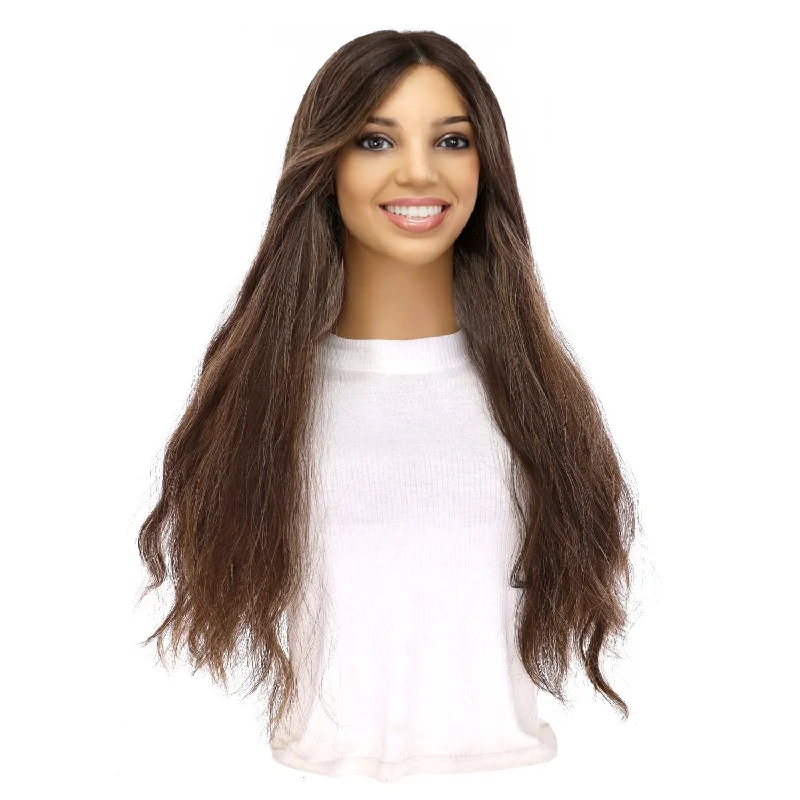 Human - hair long - length wig for a natural and luxurious feel24" Divine Lace Top Topper Dark Brown w/ Highlights Wavy