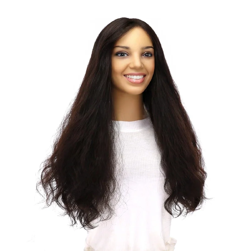 Long - length wig with a heat - resistant formula for easy styling at home24" Divine Lace Top Topper Natural Black Wavy