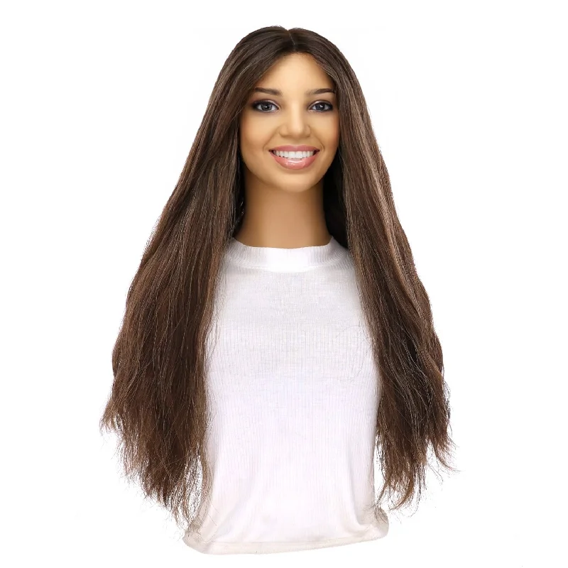 Long - length wig with a honey - blonde color for a warm and sunny appearance24" Divine Lace Top Wig Dark Brown w/ Highlights Wavy