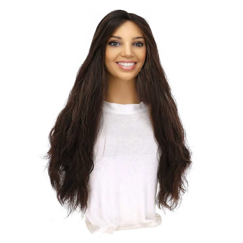 Long - length wig with a 220 - density for an extra - full appearance24" Divine Lace Top Wig Soft Black w/ Highlights Wavy