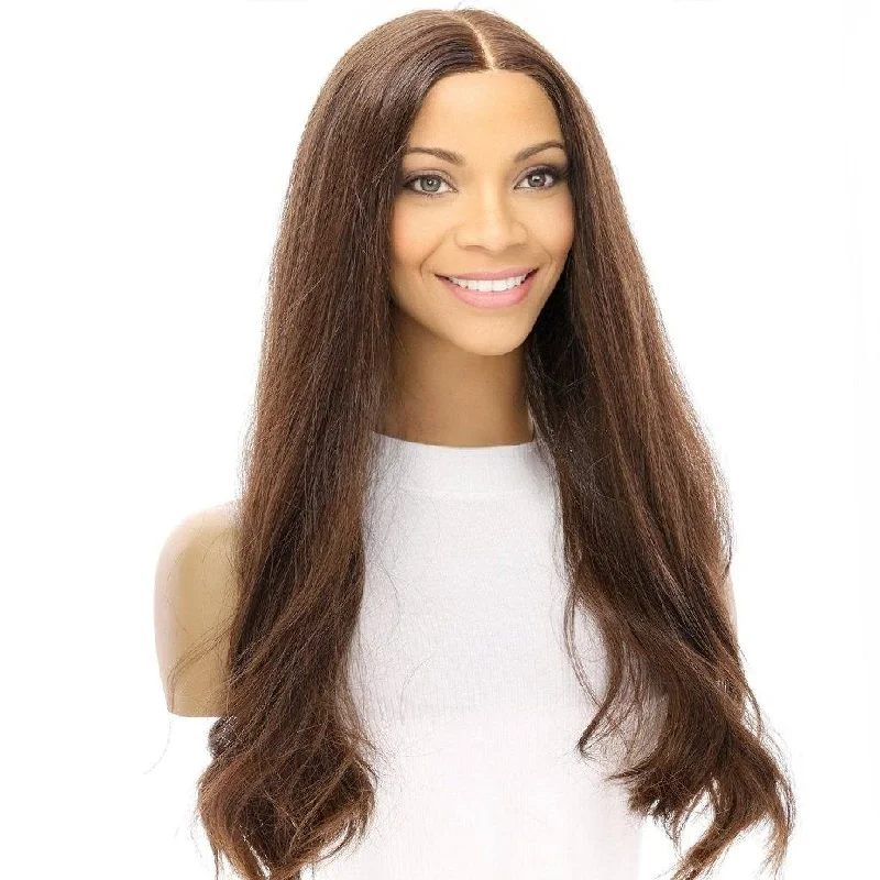 Long - length wig with a side - swept bang for a sophisticated look24" Divine Luxe Lace Top Topper #6 Neutral Medium Brown