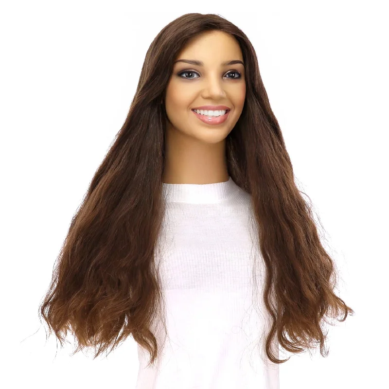 Long - length wig in a jet - black color for a classic appearance24" Divine Luxe Lace Top Topper #6 Neutral Medium Brown Wavy