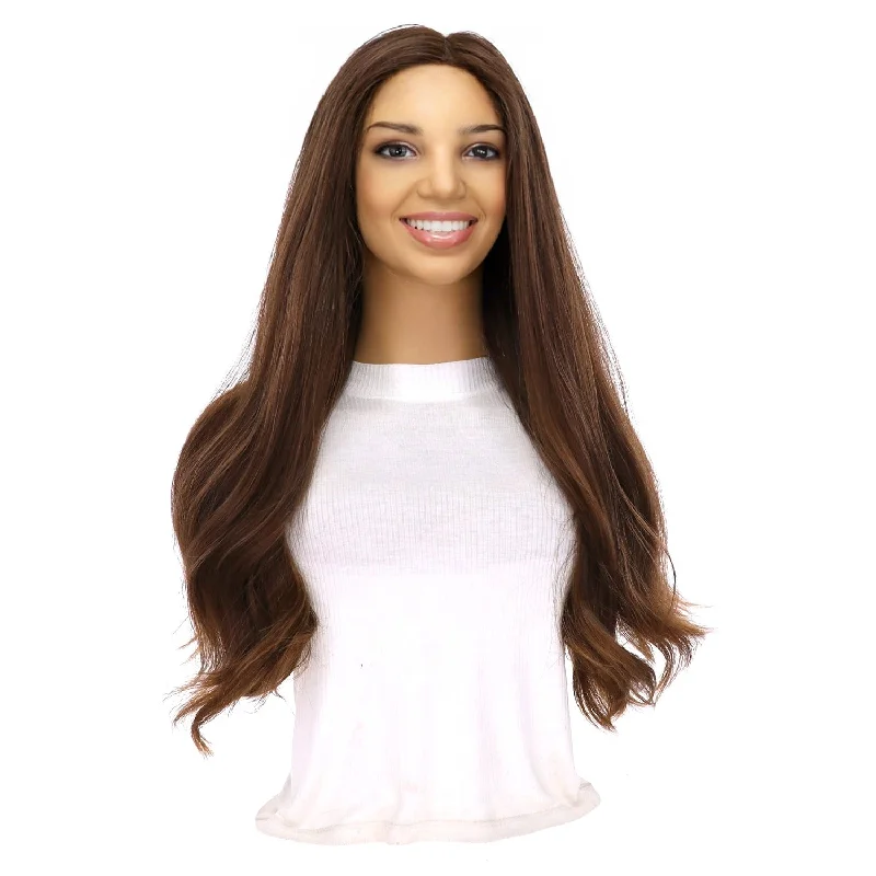 Long - length wig with a wispy fringe for a soft and feminine look24" Divine Luxe Lace Top Topper #8 Warm Medium Brown