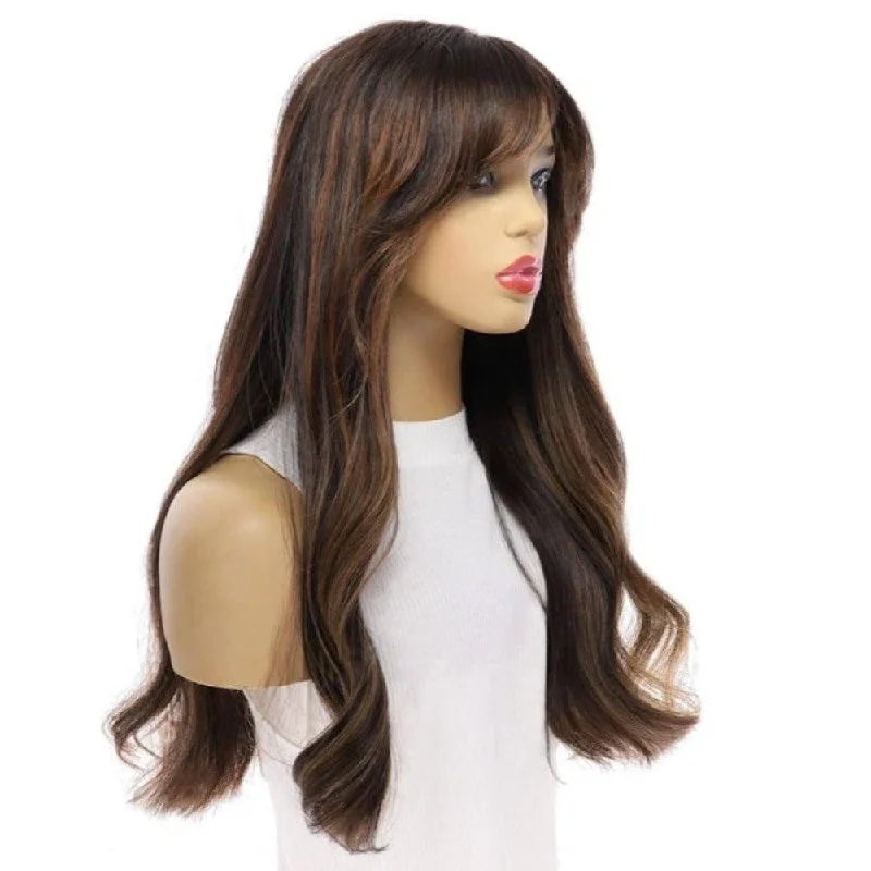 Long - length wig with a wavy texture for a beachy and romantic look24" Divine Luxe Lace Top Wig  #1B Black w/ Balayage & Curtain Bang