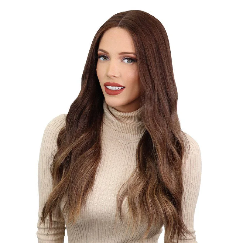 Long - length wig with a side - swept bang for a sophisticated look24" Divine Lace Top Wig Medium Brown Balayage