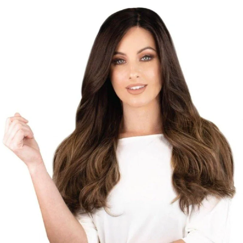 Long - length wig with a middle - part for a classic and elegant style24" Gisele Silk Top Wig Dark Brown Balayage w/ Rooting