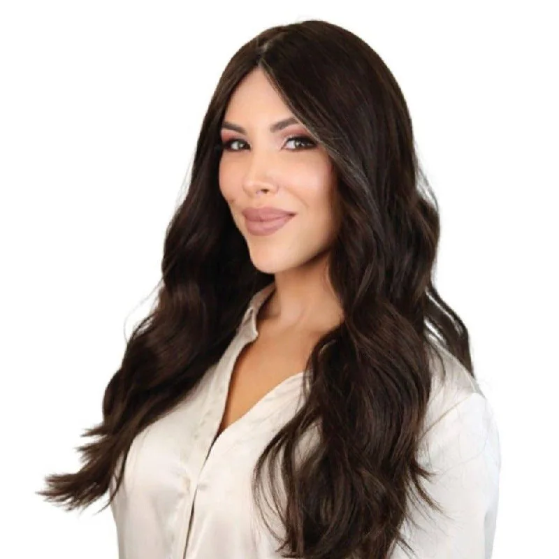 Long - length wig with a heat - resistant formula for easy styling at home24" Gisele Silk Top Wig Dark Brown