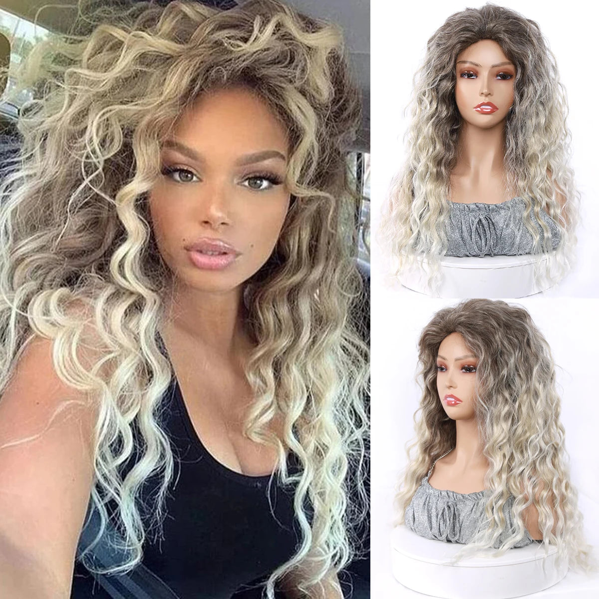 Long - length wig with a wispy fringe for a soft and feminine look24inch Ash Blonde Synthetic Long Curly Wig