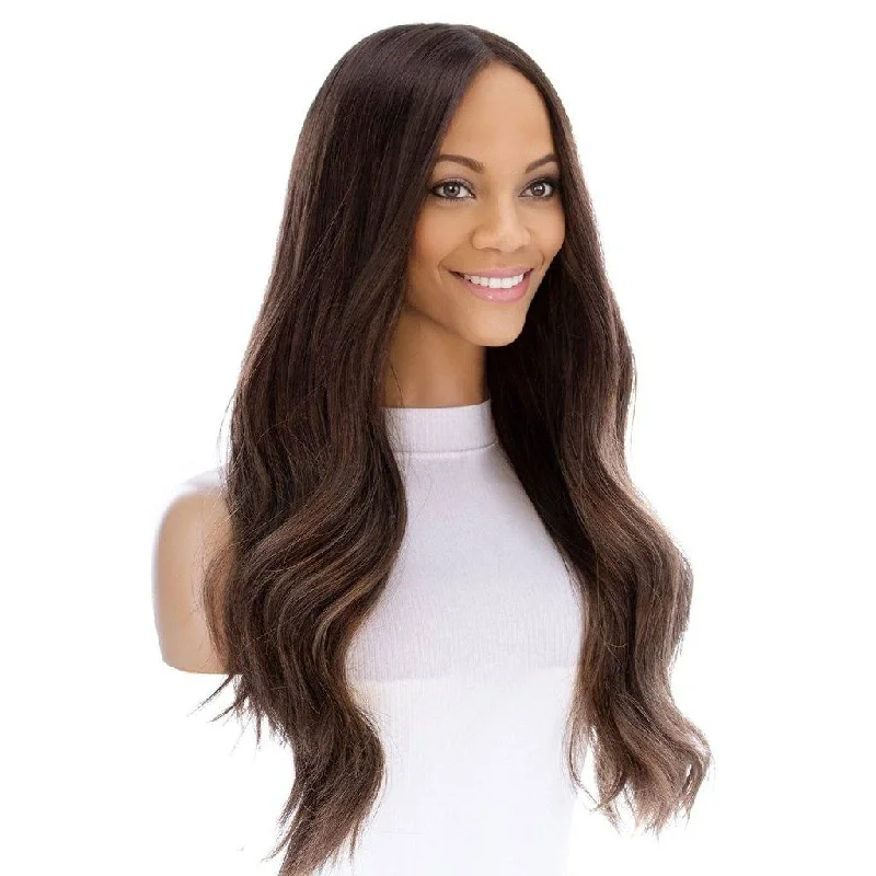 Long - length wig with a wispy fringe for a soft and feminine look26" Amber Silk Top Wig Medium Brown Balayage