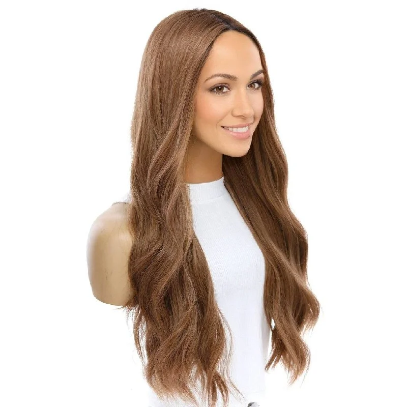 Long - length wig with a pre - plucked hairline for a more natural look26" Amber Silk Top Wig Strawberry Blonde w/ Rooting