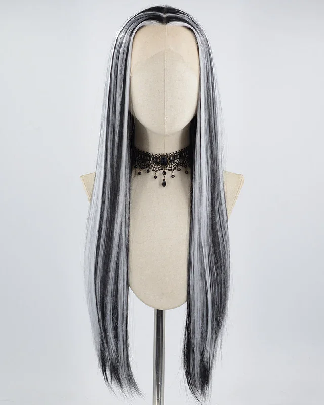 Long - length wig in a jet - black color for a classic appearanceLong Black Highlights White Synthetic Lace Front Wig WT233