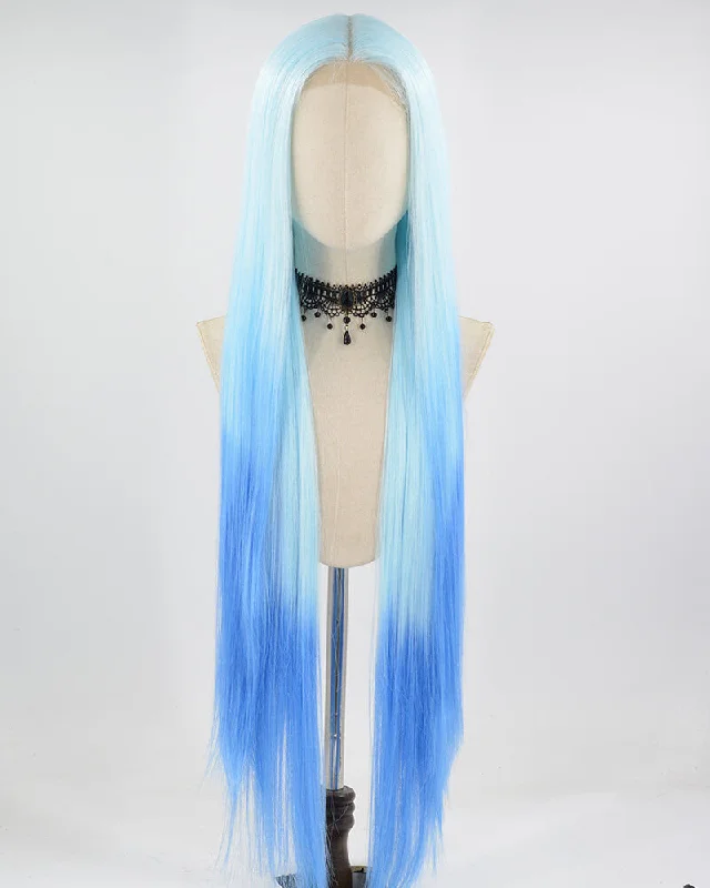 Long - length wig with a curly fringe for a playful and youthful vibe38Inch Long Ombre Blue Synthetic Lace Wig WW661