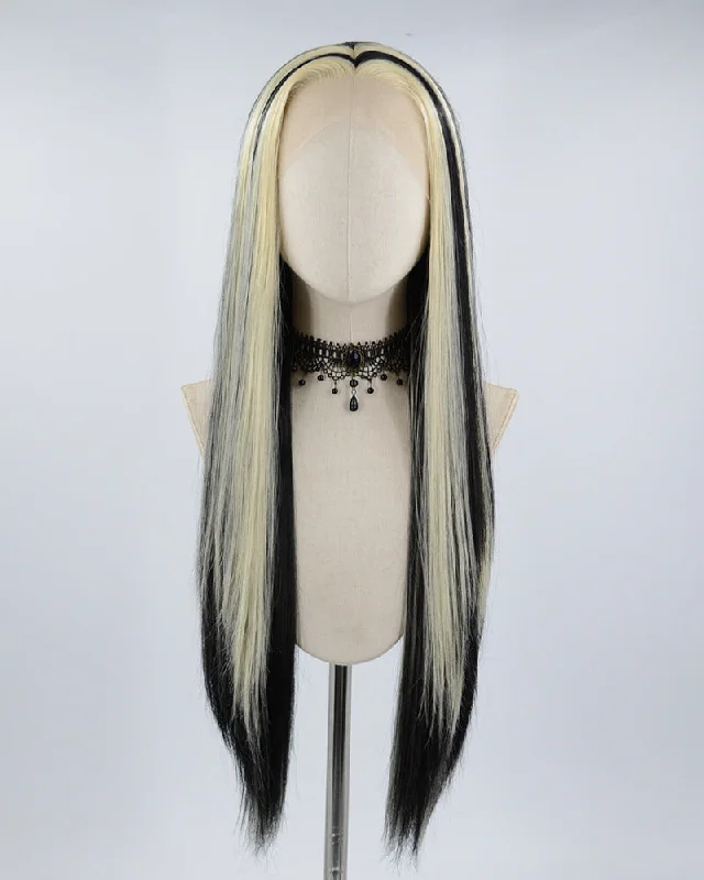 Long - length wig with a side - part for a more flattering look613 Blonde Black Long Synthetic Lace Front Wig WW510