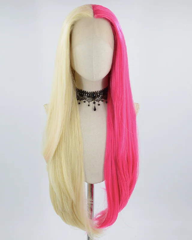 Long - length wig with a side - part for a more flattering look613 Blonde Half Hot Pink Synthetic Lace Front Wig WW652