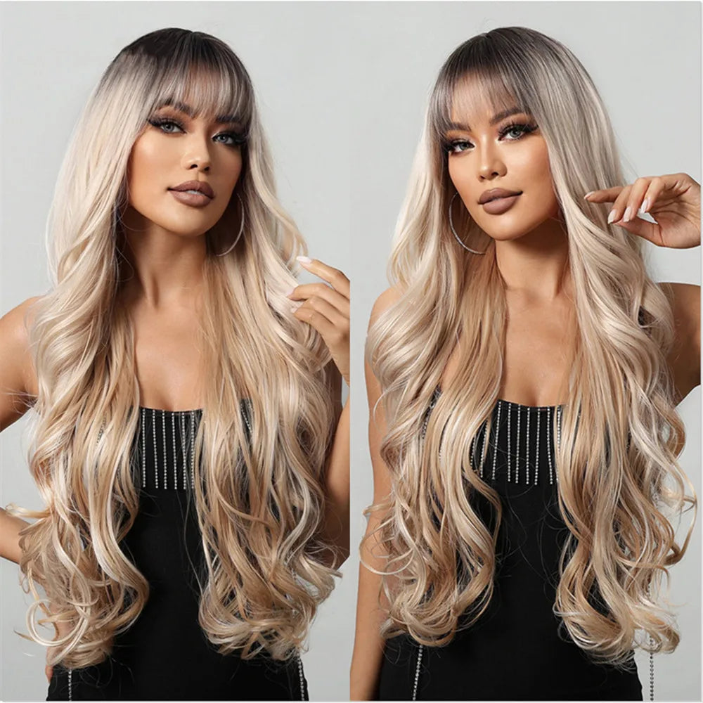 Synthetic long - length wig with a natural - looking textureAsh Blonde Synthetic Long Wavy Wig with Bangs