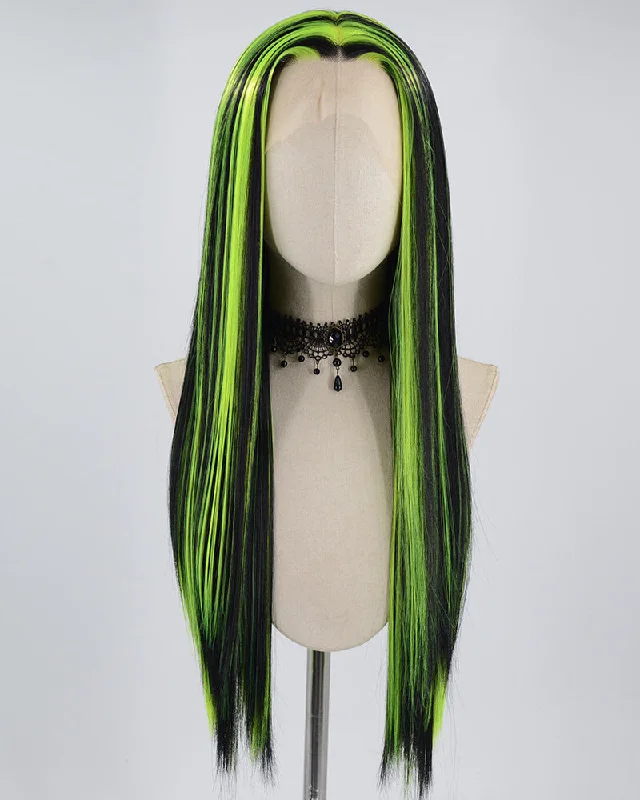 Long - length wig with a silk - base cap for a comfortable and smooth feelBlack Green Long Straight Synthetic Lace Front Wig Halloween WT232