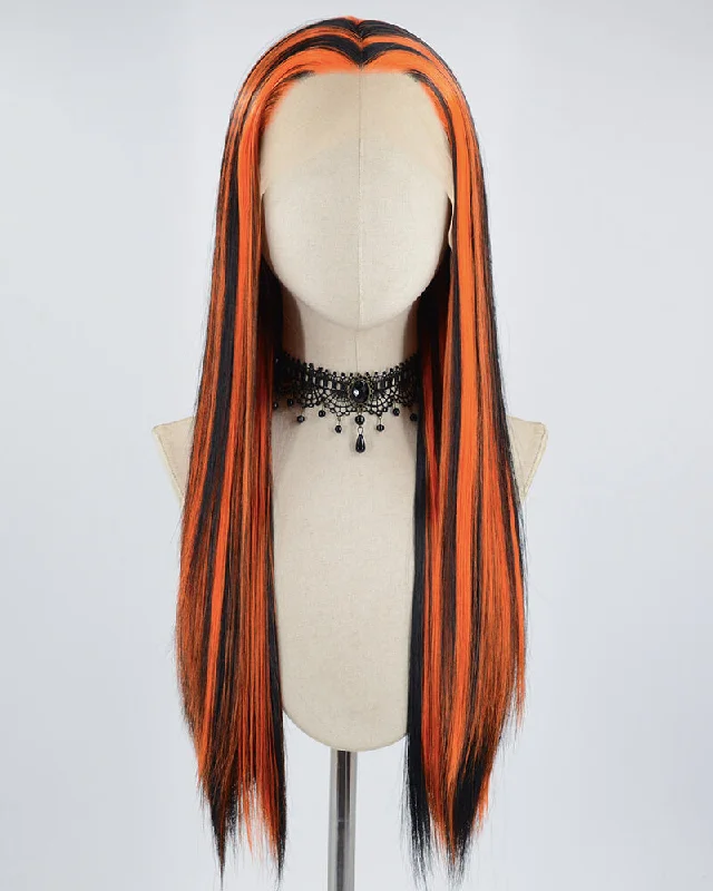 Long - length wig with a pre - plucked hairline for a more natural lookBlack Highlights Orange Synthetic Lace Front Wig WT236