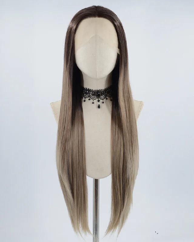 Long - length wig with a wispy fringe for a soft and feminine lookBlack Ombre Brown Grey Synthetic Lace Front Wig WW549