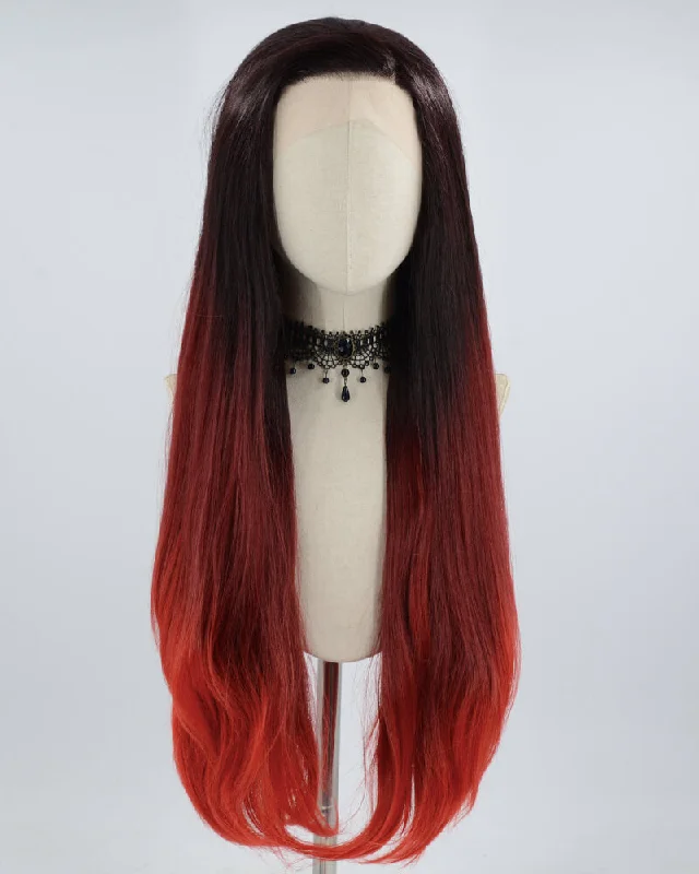 Adjustable - cap long - length wig for a comfortable fitBlack Ombre Red Synthetic Lace Front Wig WW610