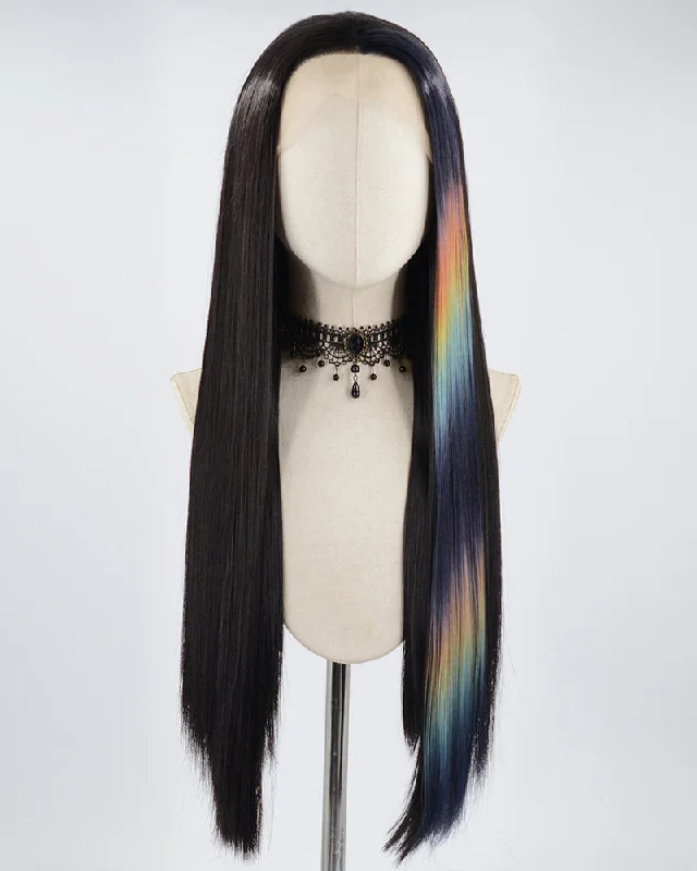 Long - length wig with a honey - blonde color for a warm and sunny appearanceBlack Rainbow Long Straight Synthetic Lace Front Wig WW580