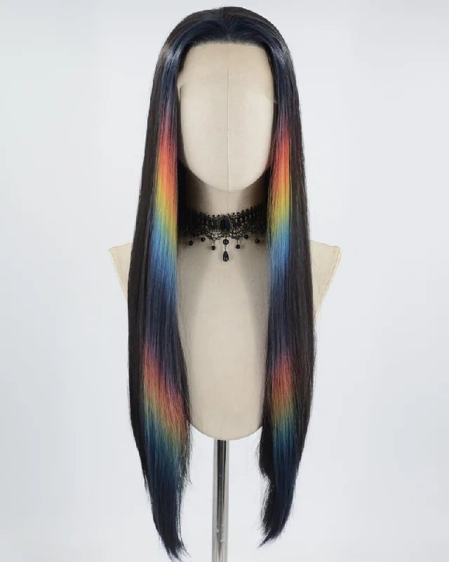 Long - length wig with a curly fringe for a playful and youthful vibeBlack Strunk Stripe Rainbow Synthetic Lace Front Wig WW566