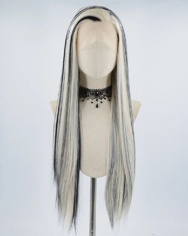 Long - length wig with a platinum - blonde color for a bold and trendy lookWhite Blonde Black Streak Synthetic Lace Front Wig WW442