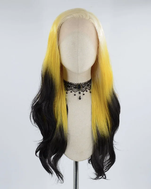 Long - length wig with a natural - looking root for a more realistic lookBlonde Ombre Yellow Black Synthetic Lace Front Wig WW428