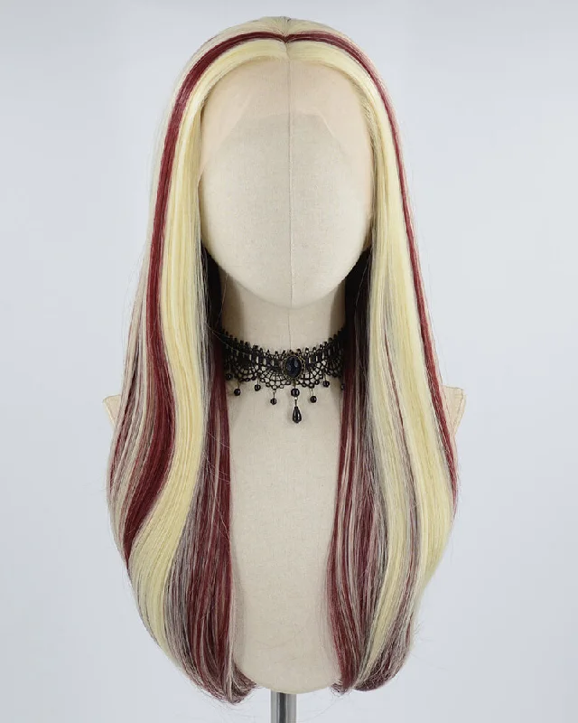 Long - length wig with a side - swept bang for a sophisticated lookBlonde Skunk Stripe Wine Red Synthetic Lace Front Wig WW650