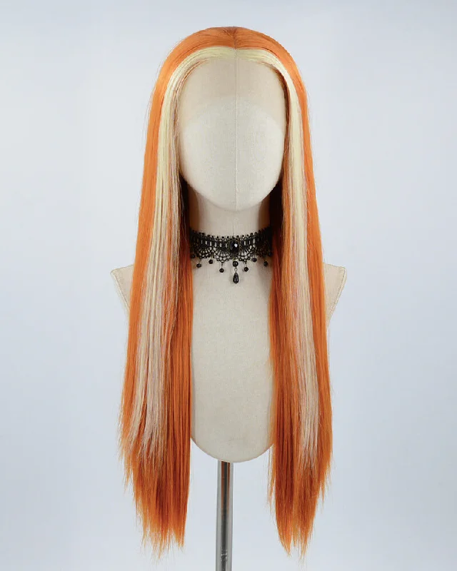 Long - length wig with a platinum - blonde color for a bold and trendy lookBlonde Streaked Orange Synthetic Lace Front Wig WW505