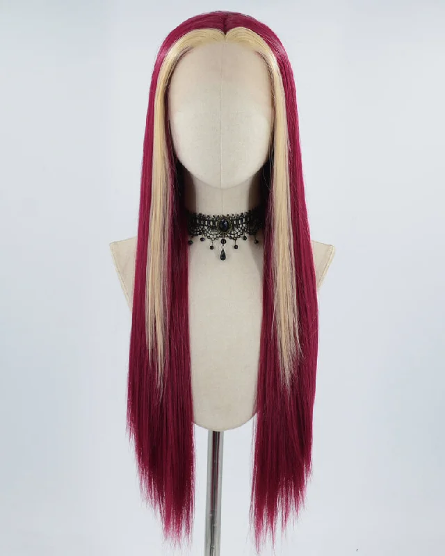 Synthetic long - length wig with a natural - looking textureBlonde Skunk Stripe Wine Red Synthetic Lace Front Wig WW558