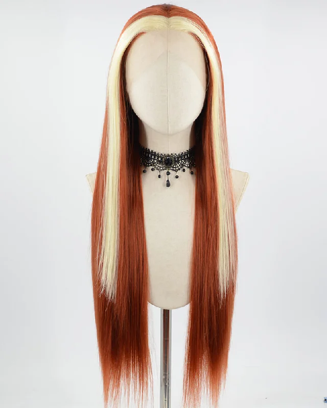 Adjustable - cap long - length wig for a comfortable fitBlonde Strunk Stripe Orange Synthetic Lace Front Wig WW565