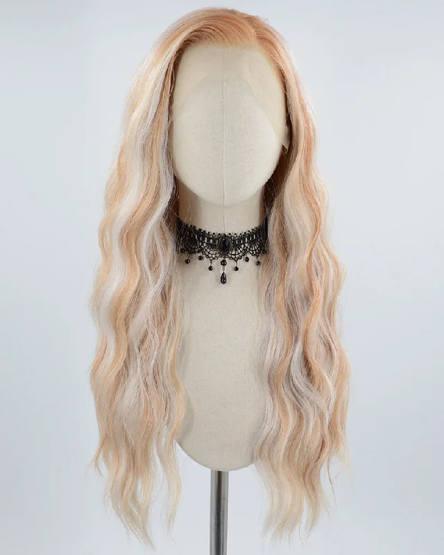 Long - length wig with a wavy texture for a beachy and romantic lookBlonde White Highlights Curly Synthetic Lace Front Wig WW637