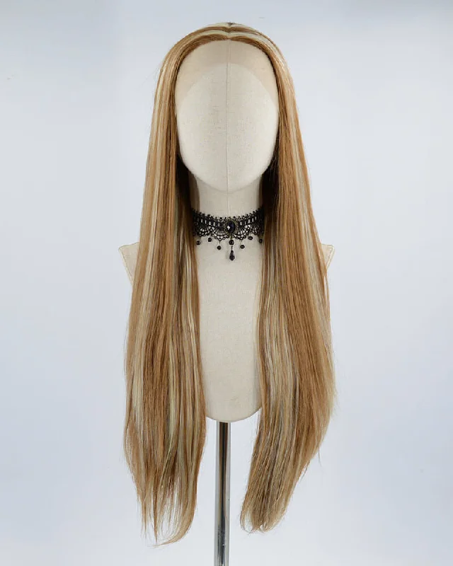 Long - length wig with a platinum - blonde color for a bold and trendy lookBrown Blonde Streaked Synthetic Lace Front Wig WW427