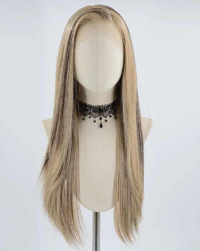 Long - length wig in a jet - black color for a classic appearanceBrown Skunk Stripe Black Synthetic Lace Front Wig WW619