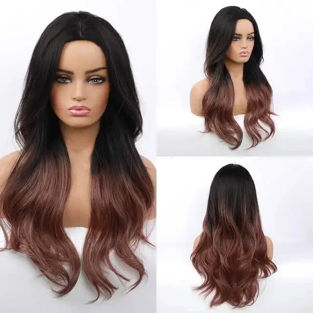 Long - length wig with a silk - base cap for a comfortable and smooth feelCandy Synthetic Long Natural Wave Wig-Ombre Black to Brown