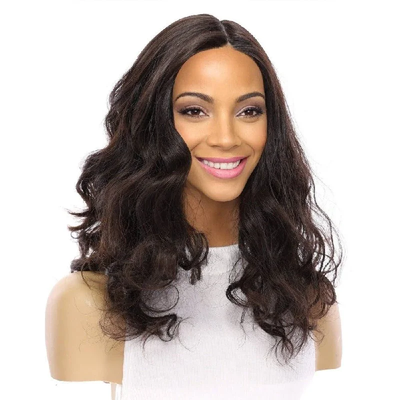 Long - length wig in a jet - black color for a classic appearance22" Reese Silk Top Wig Soft Black Wavy