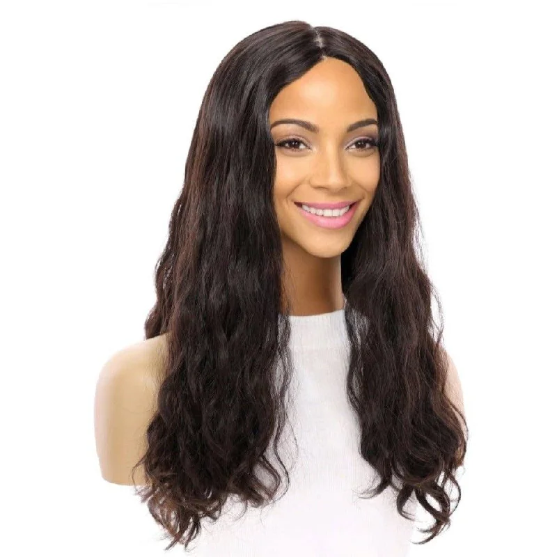 Long - length wig with a side - swept bang for a sophisticated look24" Gisele Silk Top Wig Natural Black Wavy