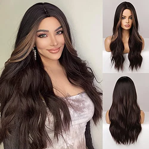 Long - length wig with a middle - part for a classic and elegant styleDark Brown Synthetic Heat Resistant Fibre Wig with Front Bold Highlight