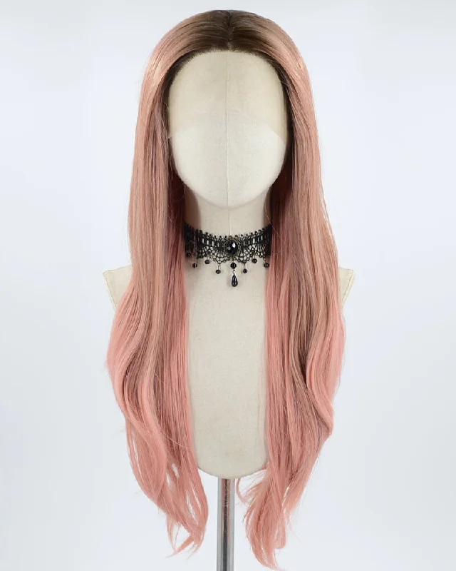 Long - length wig with a pre - bleached knot for a natural - looking scalpDark Root Ombre Pink Synthetic Lace Front Wig WW543